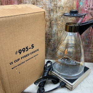 Vintage Pyrex Coffee Carafe with Warming Trivet, New Open Stock, 12 Cup Coffee Pot, Pyrex USA, 995S, Original Box, Atomic Pyrex