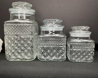 Vintage Anchor Hocking Wexford storage jars set of 3 canisters with lids, c1960s