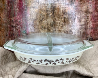 Vintage Pyrex Golden Acorn Divided Casserole: 1.5 Quart, 60s Kitchenware