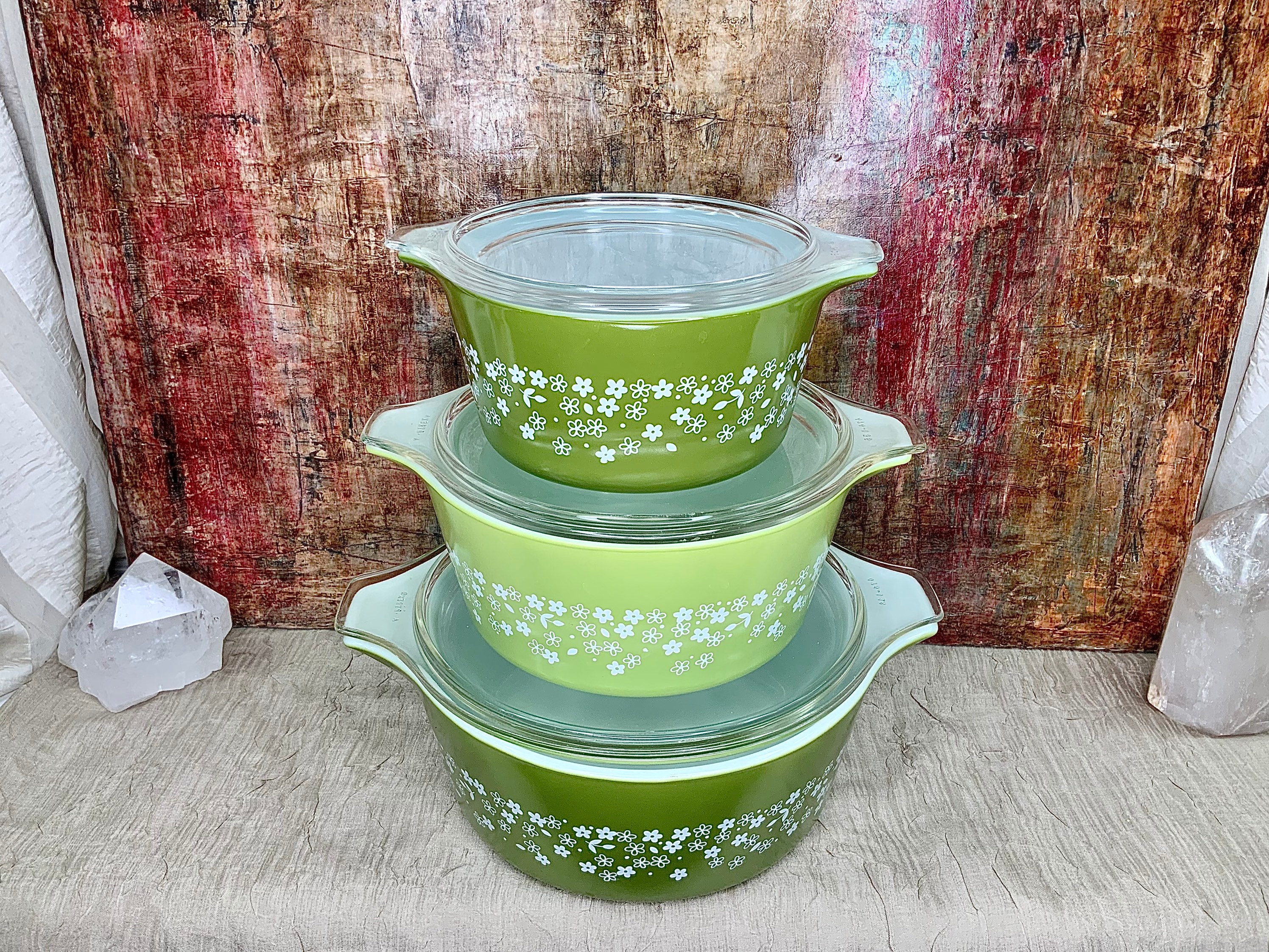 Vintage Pyrex Spring Blossom Green V2 Casserole 480 Set, Crazy