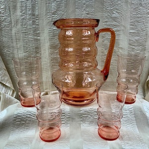 Vintage Dunbar 1114-12 Rings Pink Pitcher and Four(4) Flat Tumblers,  Blush Pink Depression