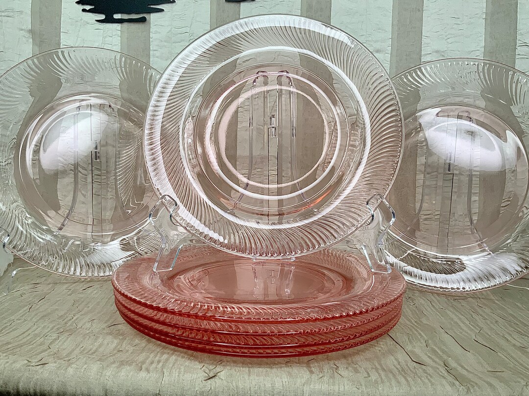 Vintage Pink Spiral Swirl Salad Plates, Set of 7, Pink Dessert Plate