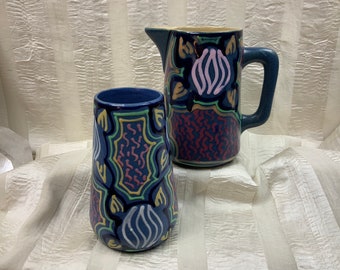 Vintage Carl Gebauer Art Pottery Pitcher and Cream vessel, German Folk Art Ceramic #869