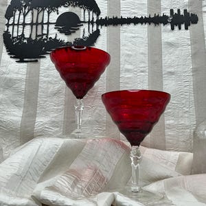 Utility Glass Works Cambodia Ware Cranberry Champagne Tall Sherbets set of 2 6oz Ruby Red Vintage Elegant Glass c1920-29