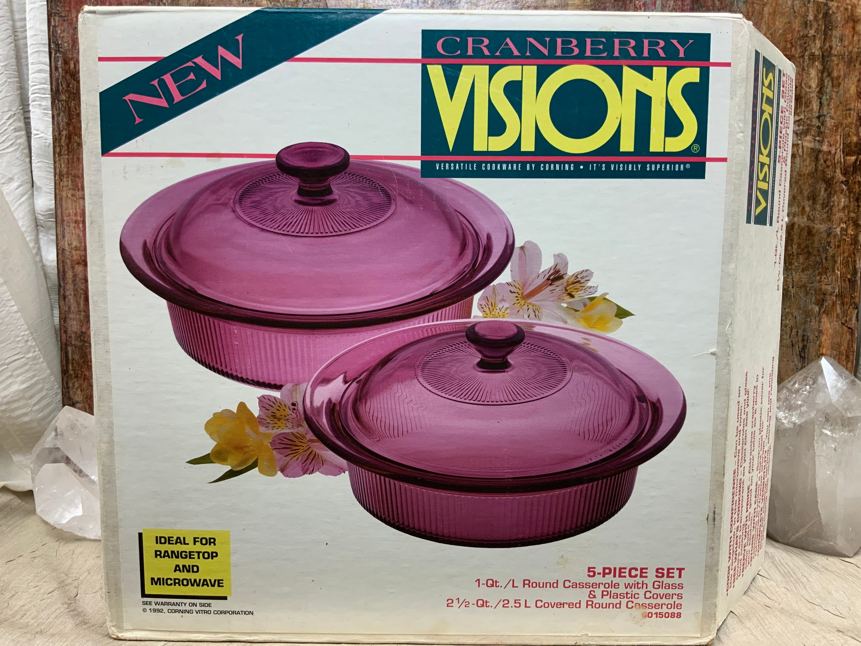 3 Piece Visions Ribbed Cranberry Tint Cookware by Corning No Lids 1 Pint  450 Ml Made in USA 