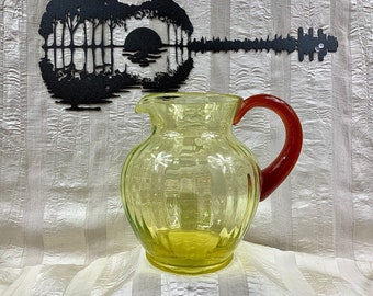 Vintage Small Clear Hand Blown Glass Pitcher w/applied Black Handle Mini