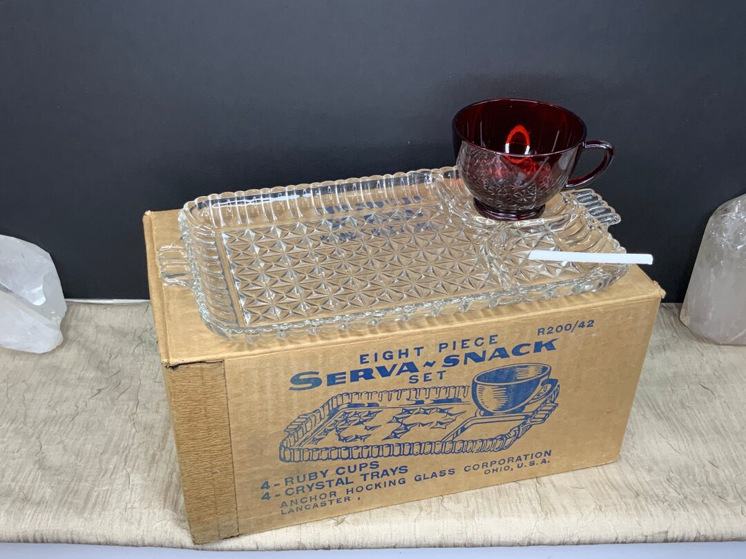 Vintage Anchor Hocking Serva-snack Set: Ruby Cups & Clear Trays