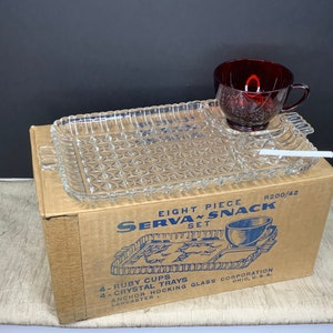 Vintage Anchor Hocking Snack Set, 8 Piece, Serva-Snack, Crystal Trays with Ruby Cups, Snack, Sip, Smoke, 4 Snack Trays, 4 Ruby Tea Cups