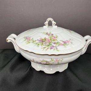 Forget Me Not China Covered Serving Bowl: Floral Porcelain Vegetable Dish