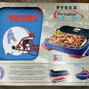 Pyrex Houston Oilers Portables Hot/Cold Casserole with LId and Case/Carry Handle, Vintage Football Memorabilia , Tailgate Supplies