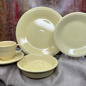 Vintage FiestaWare Yellow 5 Piece Place Setting, Dinner Plate, Salad Plate, Coup Soup Bowl, Cup/Saucer, Homer Laughlin Fiestaware