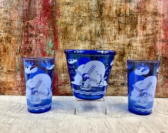 Vintage Cobalt Blue Windmill Ice Bucket withTumbler Set, Hazel Atlas, blue depression glass