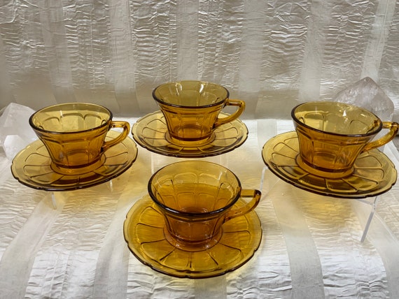 Amber Glass Pitcher Tumbler Set Vintage Gold Stripe Iced Tea Set