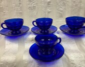New Martinsville Moondrops Cobalt Blue Cup and Saucer Set of Four(4), Rich Cobalt Cup Saucer Set