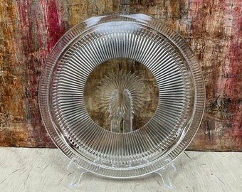 Vintage Glass Cake Stand: Mid Century Server Ribbed Starburst Pattern, Three-Toed Footed Design