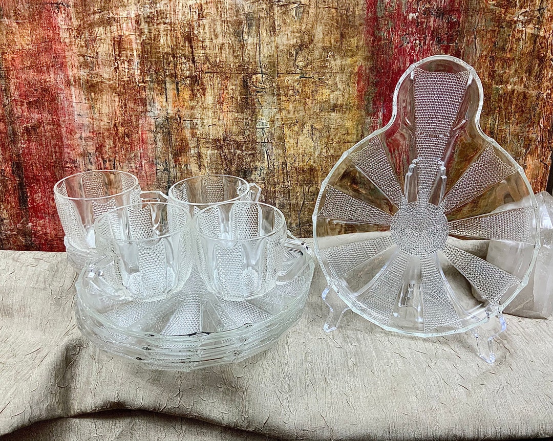 Vintage Snack Set, Glass, Dewdrop, Television Snack Set, Set