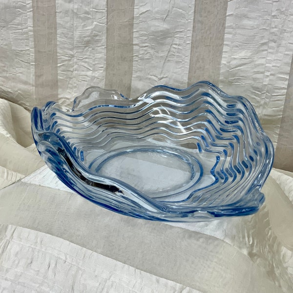 Duncan Miller Caribbean Blue Vegetable Bowl, Rolled Rim, Tab Handle, Flared Bowl, Elegant Glass, Wave Rib Glass, Elegant Art Deco Blue Glass