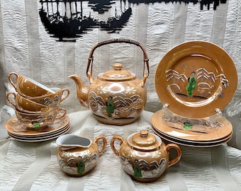 Vintage Japanese Hand Painted Tea Set, Peach Lusterware Porcelain China, 15pc set, Geisha Design