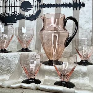 Antique Small Water or Lemonade Pitcher With Lid, Depression Glass Ca.  1930s, Pink Flamingo Color, Probably Heisey or Dunbar, Applied Handle 