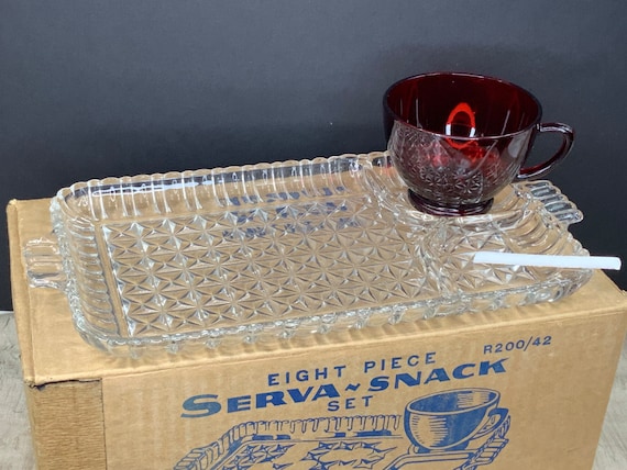 Vintage Anchor Hocking Serva-snack Set: Ruby Cups & Clear Trays