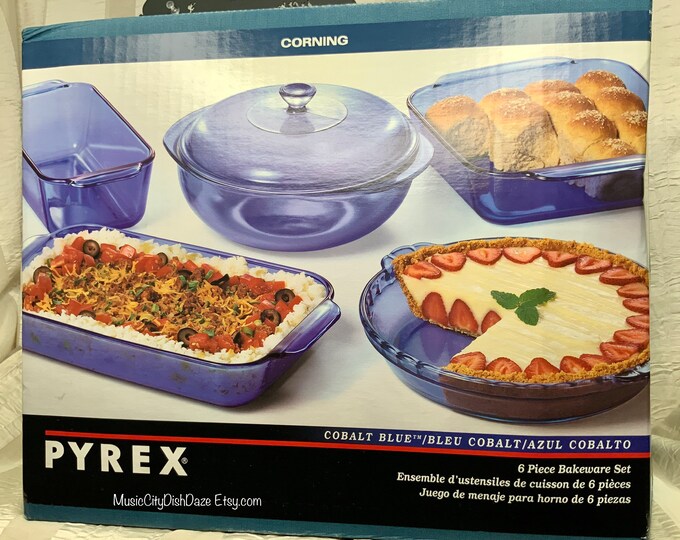 Vintage Pyrex Cobalt Blue Glass Baking Set, New in Box, 6 Piece Set