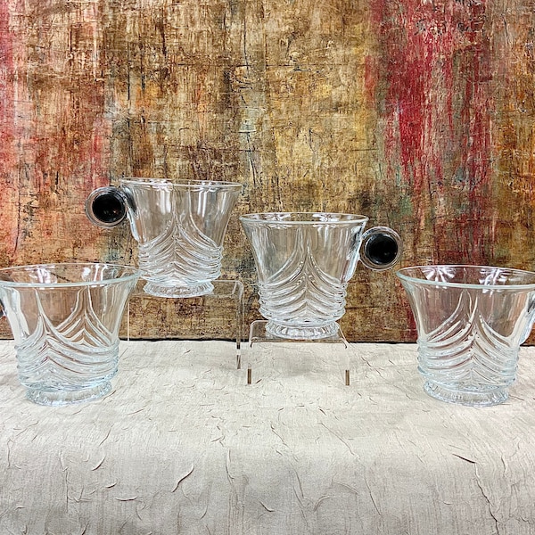 Heisey Glass Art Deco Stanhope Set of Four(4) Coffee/Tea Cups Clear Art Deco Style Cups Plascon Inserts