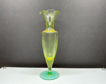 Utility Glass Works Vaseline vase, 8” Type-A yellow with green base, c1920s