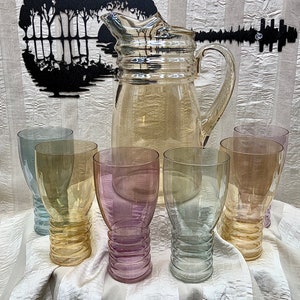 Vintage Dunbar Flint Hollywood Rings Tumblers and Pitcher, Set of 6 Tumblers and Pitcher, Rainbow Colors Iridescent