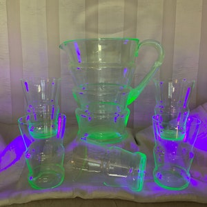 Rare Dunbar Flint Glass Vaseline Pitcher Tumbler Set, Uranium Glass, Hand Blown