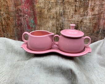 Vintage FiestaWare Rose Cream and Sugar with Tray, 4 Piece Set, Retired Rose(1986-2005)
