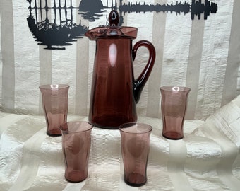 Vintage Amethyst Juice Pitcher with 4 Juice Glasses, Panel Optic, Small Pitcher, Flat Tumbler, Purple Glass, Tiffin, Cambridge