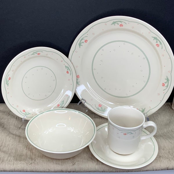 Vintage Corelle Dinnerware, Calico Rose, 20 Piece Set, Serving Four Guest, Retired Pattern, Stoneware Look, Folk Art, Corning, Made in USA