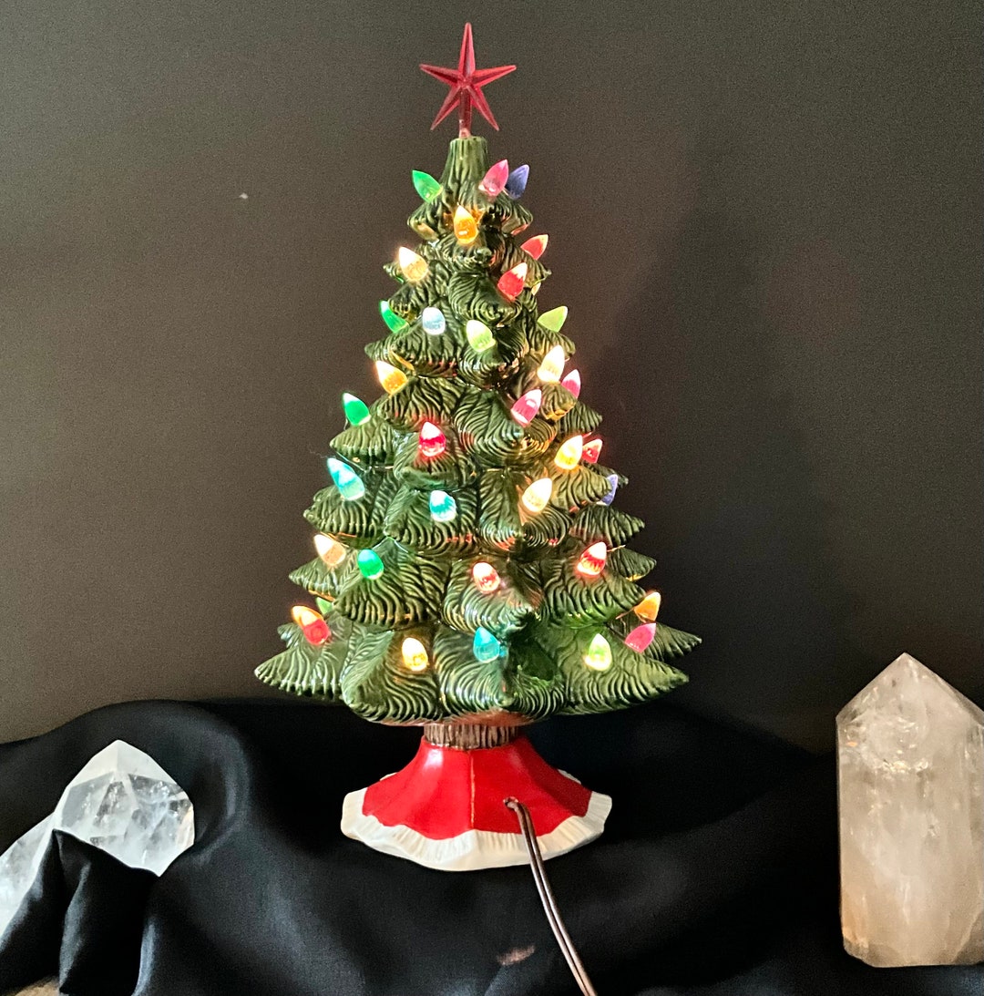 Vintage Lighted Ceramic Christmas Tree: 1981 Hand Painted Holiday