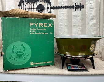 Vintage Pyrex Zodiac Casserole: 2.5qt, Lid & Warming Cradle, 1961, New in Box