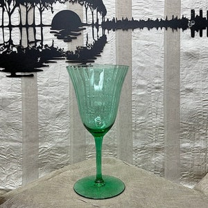 Vintage Green Water Glass, Vertical Panel Optics, Teal Green Water Goblet, 8 Ounces, Stemmed Goblet, Elegant Wine Glasses