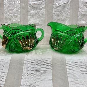 Heisey Emerald Pineapple and Fan, Sugar and Creamer, Gold Encrusted, Green Glass, Cream and Sugar,