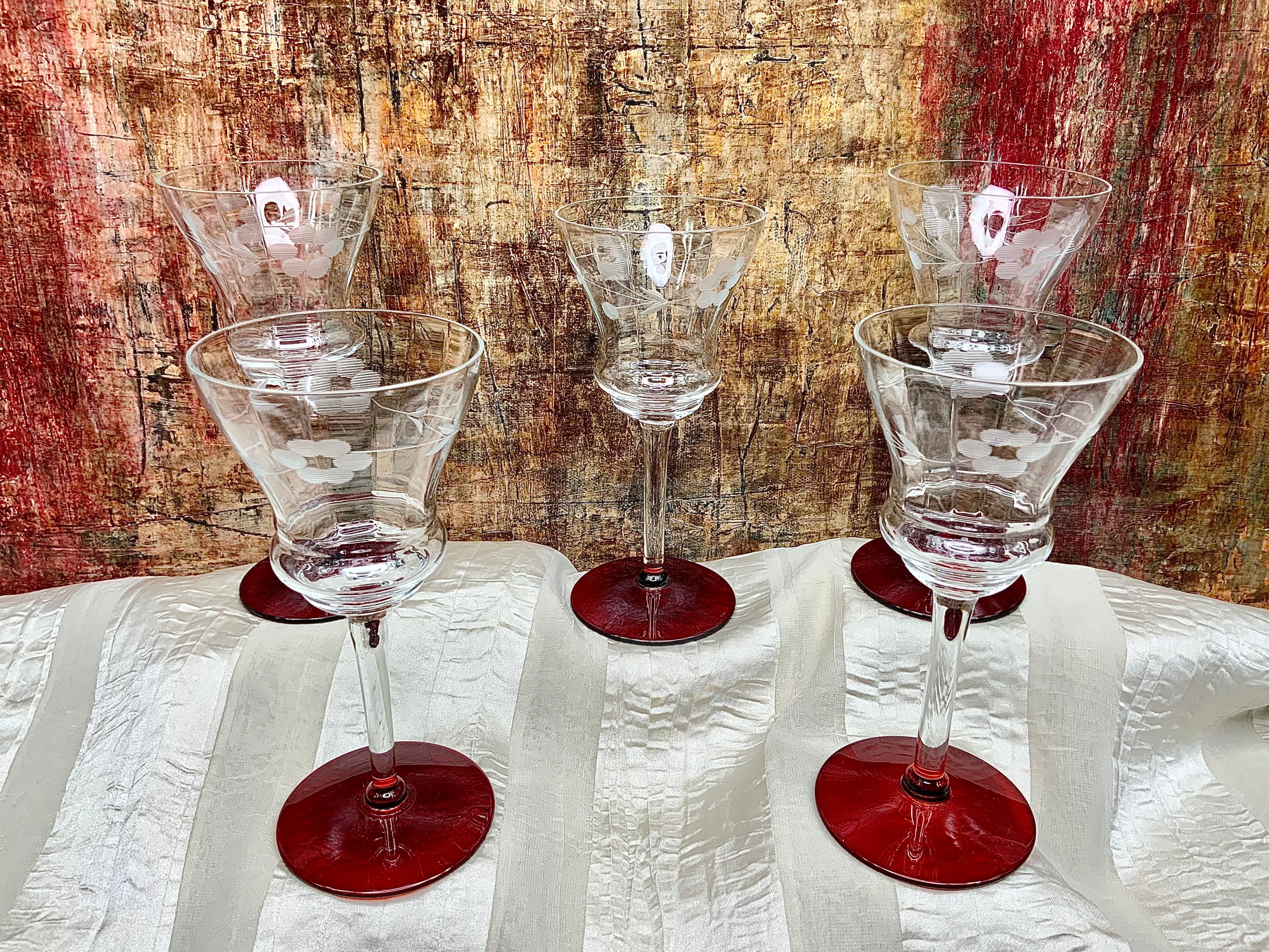 Vintage Tall Red Ribbed Large Bowl Wine Glasses Clear Stem Set of 2 