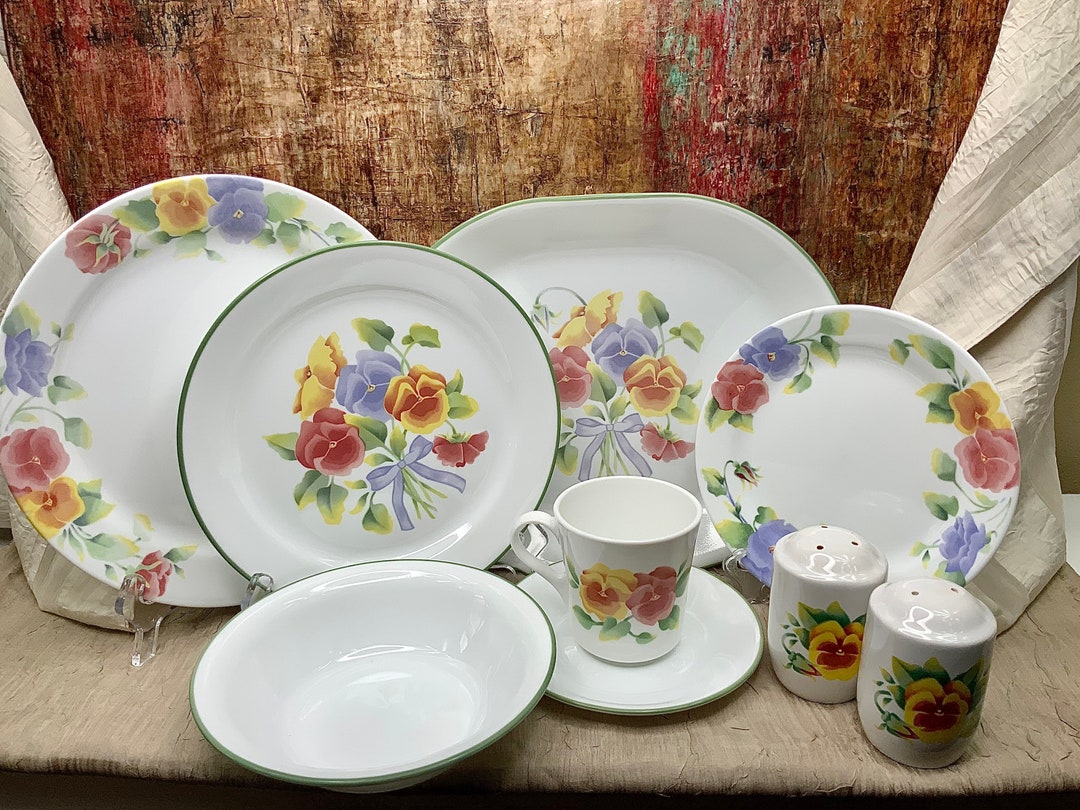 Vintage Corelle Summer Blush Dinnerware Set, 27-piece Pansy Design