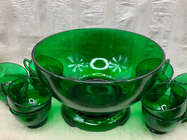 Vintage Anchor Hocking Forest Green Punch Bowl Set Green Etsy