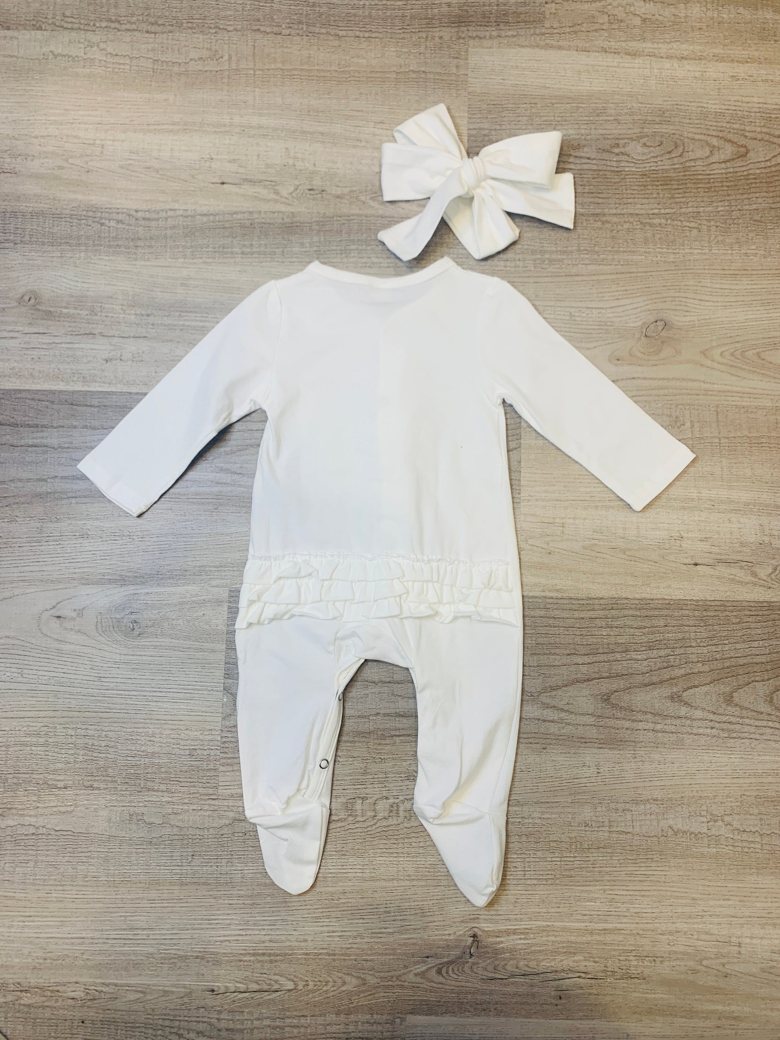Baby Girl White Ruffle Sleeper With Matching Bow and Long Etsy