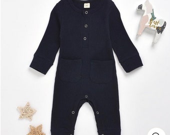 New!  Baby boy long-sleeved Navy blue ROMPER, baby boy one piece, baby boy fall outfit, custom embroidery