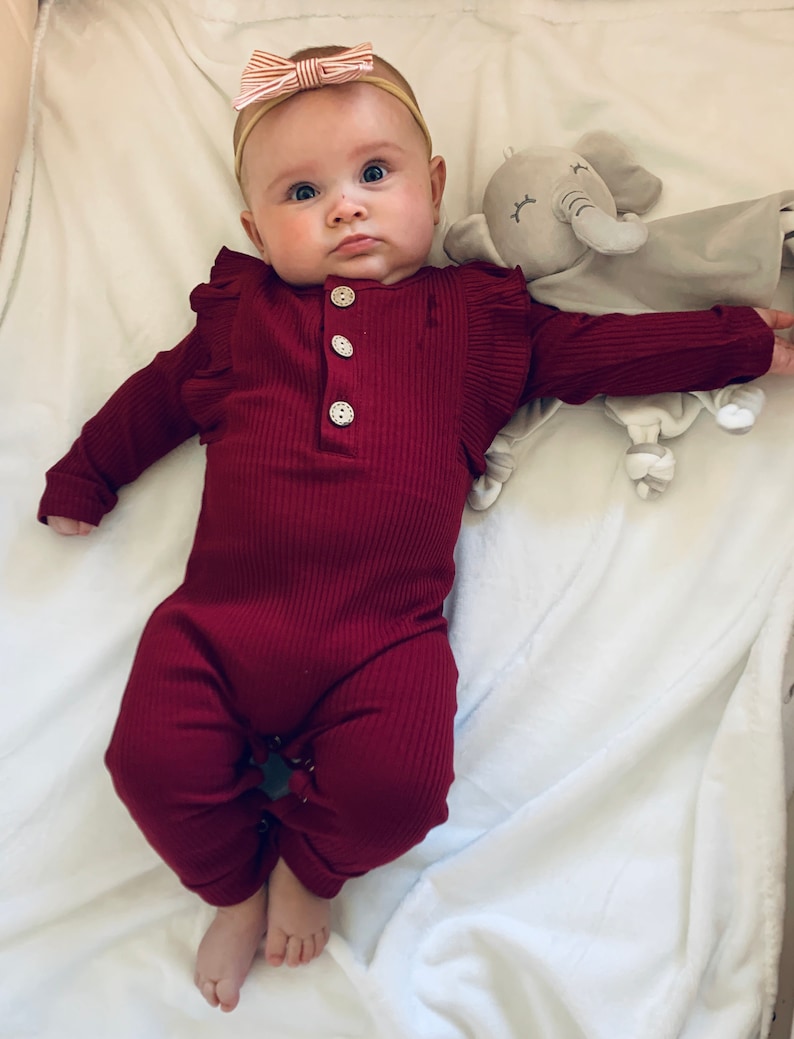 Baby Ruffle Sleeve Fall Autumn Winter Baby Girl RIBBED FLUTTER SLEEVE Long-Sleeved Romper Outfit Burgundy ribbed baby fall outfit