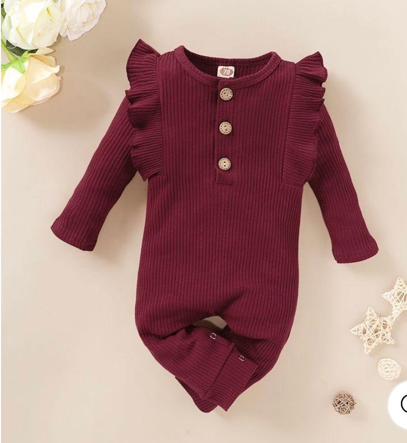 Baby Ruffle Sleeve Fall Autumn Winter Baby Girl RIBBED FLUTTER SLEEVE Long-Sleeved Romper Outfit Burgundy ribbed baby fall outfit