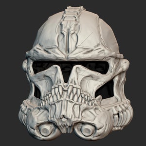 May include: A white 3D printed helmet with a skull design. The helmet has a detailed skull face with sharp teeth and a bony ridge on top.