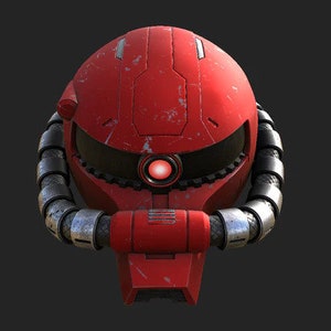 May include: A red robot head with a single red eye and a black visor. The head is weathered and has a series of pipes and hoses around the back.