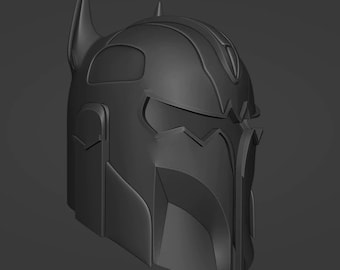 May include: A 3D model of a helmet with a pointed top and a visor. The helmet is gray and has a textured surface.