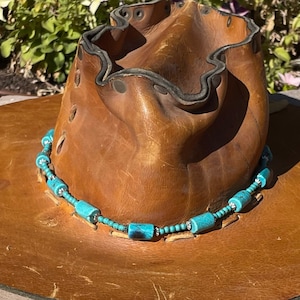 Handmade Sedona One of a Kind Beaded Southwestern Block Turquoise & Leather Hat Band (Hat not included)