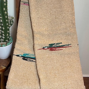 May include: Beige woven blanket with colorful embroidered bird designs in red, green, and blue. The blanket has a fringed edge and is draped over a wooden chair. The cactus in a white pot is visible in the background.