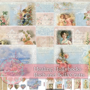 Healing Hollyhocks Journal Papers Kit y Ephemera Junk Journal Kit - A4 y US Letter Size Junk Journaling Digital, Journal Page Kit