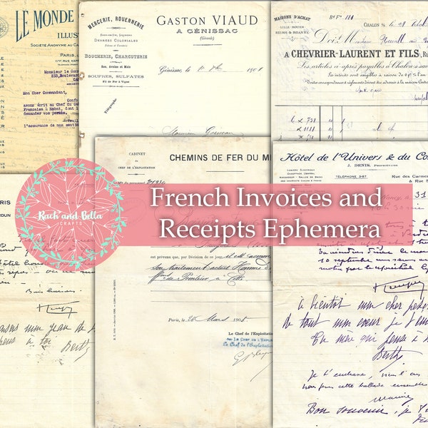 Vintage French Invoices and Receipts- Ephemera for Journals and Scrapbooks  - Junk Journaling Digital